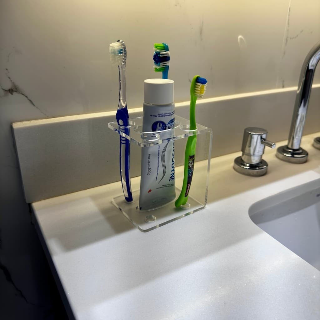 Suporte para Escova de Dente e Porta Pasta Organizador para Banheiro Pia e Lavabo em Acrílico Transp