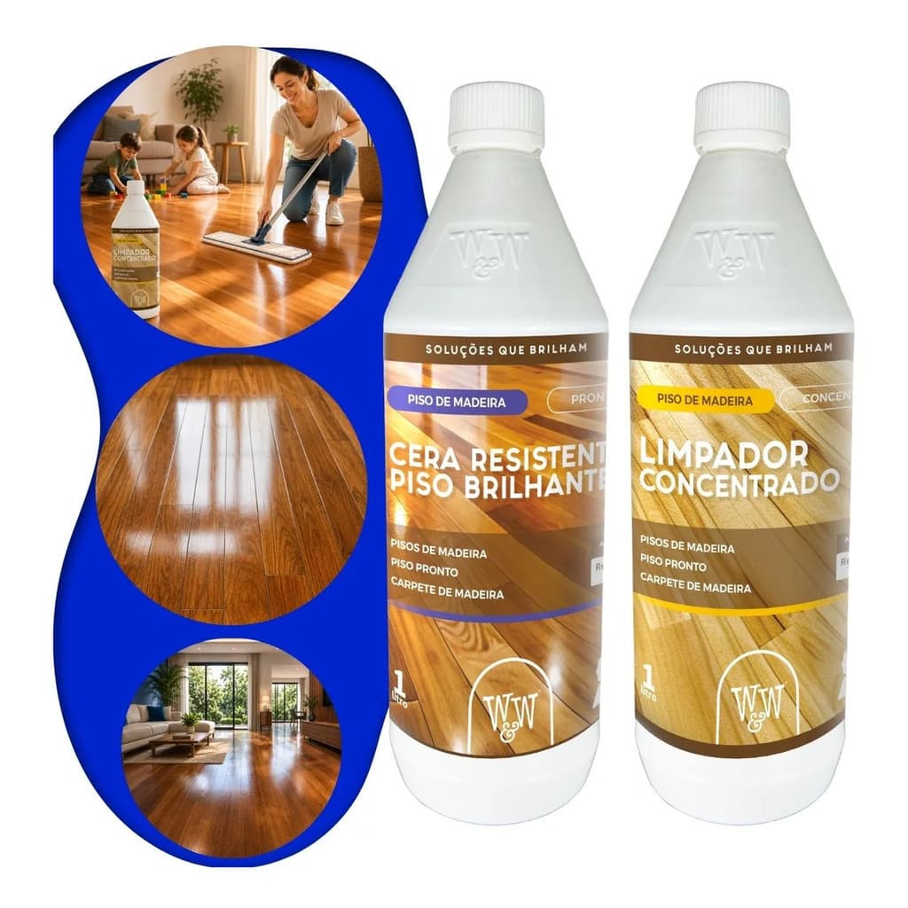 Cera Piso Madeira Brilhante Resistente W&W 1L + Limpador Concentrado 🧼 1L Taco Assoalho Madeira