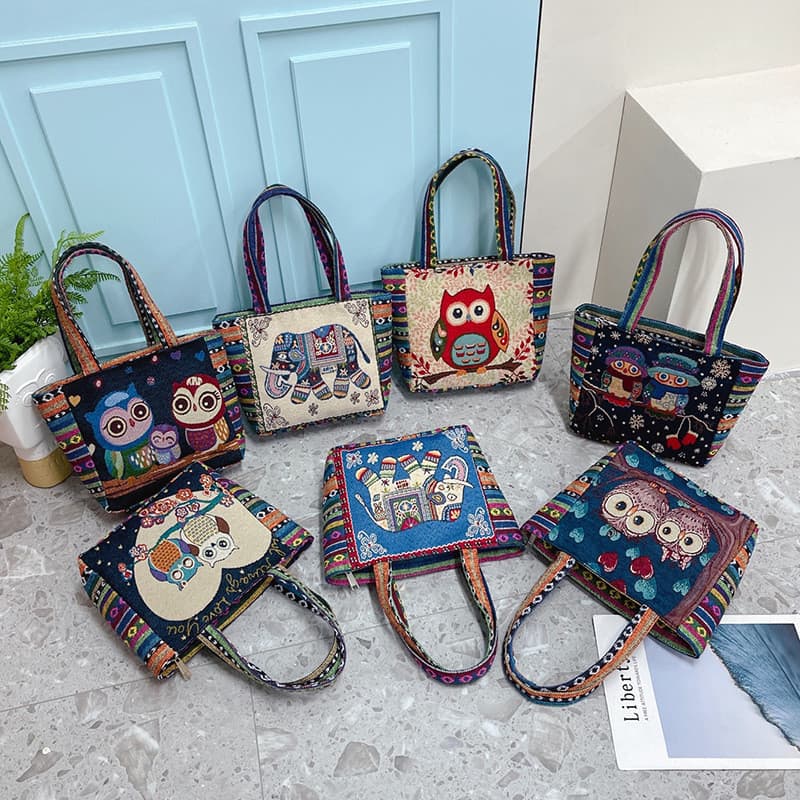 Bolsa feminina bolsa de lona dupla face Casual dos desenhos animados bordado grande capacidade bolsa estilo étnico peque
