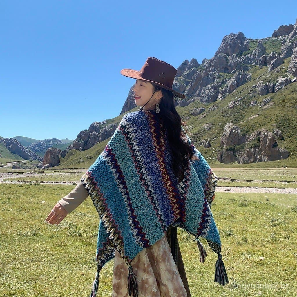 Xale de estilo étnico para mulheres, adequado para viagens a Yunnan, Sichuan e Tibete, vestimenta decorativa, capa longa