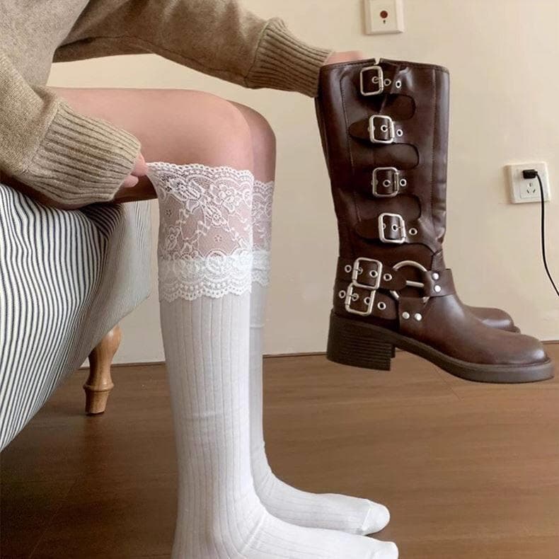 Meias de panturrilha de renda femininas costura combinando botas de Cowboy ocidentais melamina meias de pilha fofas
