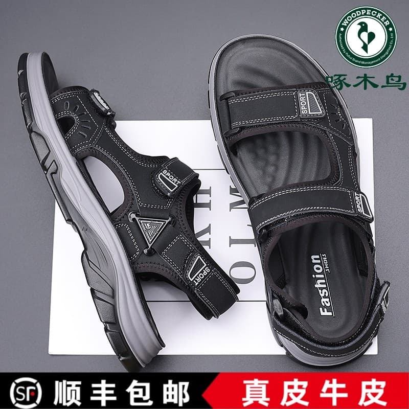 Woodpecker sandálias masculinas verão novo estilo couro genuíno Casual sapatos de praia sola macia moda tendência sandál