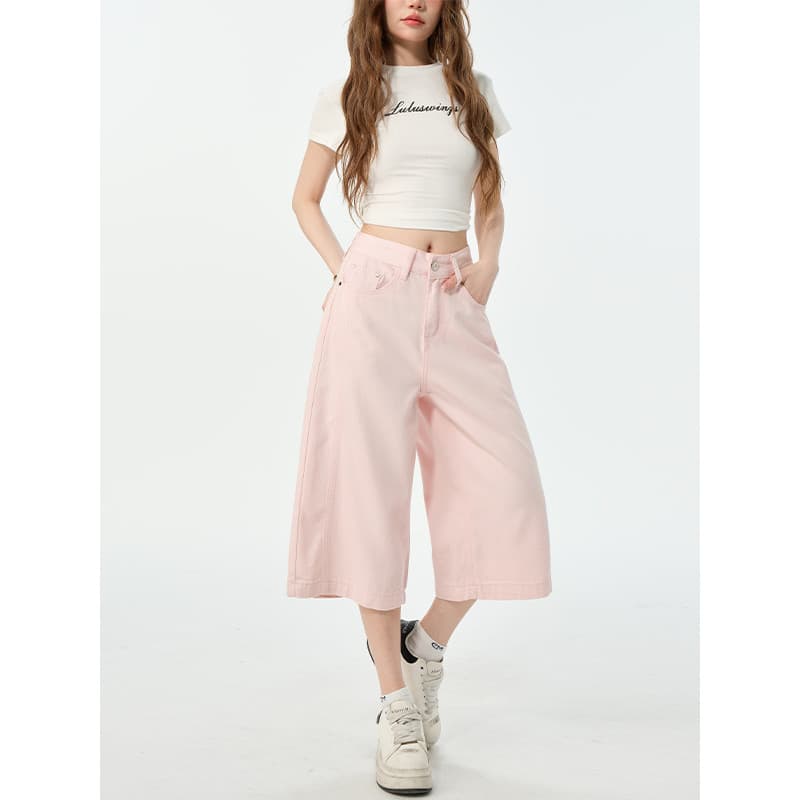 Lyocell Tencel Rosa Denim Calças Cortadas Mulheres Pequeno Verão Estilo Fino Legal Solto Drape Feeling Calças de 7 Ponto