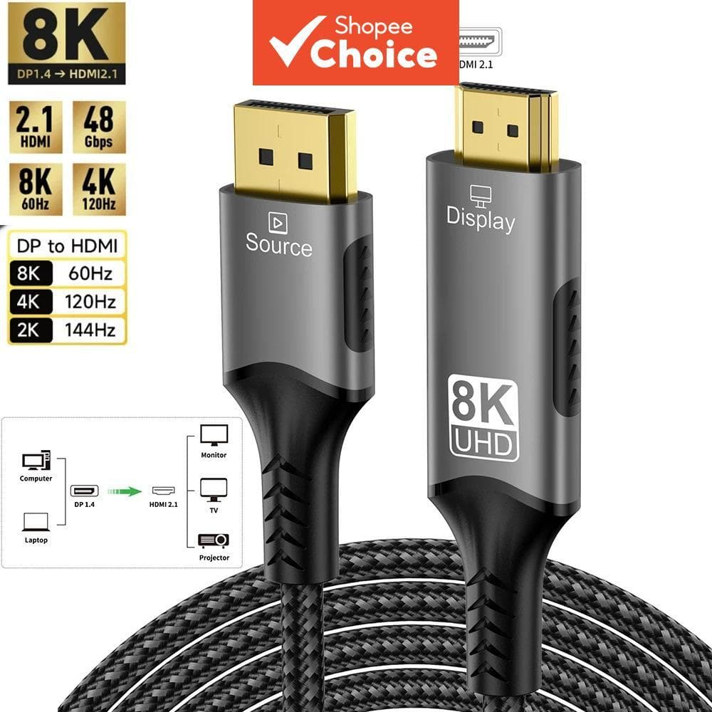 Cabo DisplayPort para HDMI compatível, Conversor DP 1.4 para HDMI 2.1, 8K a 60Hz, 4K a 120Hz, HDR, para desktop, laptop,