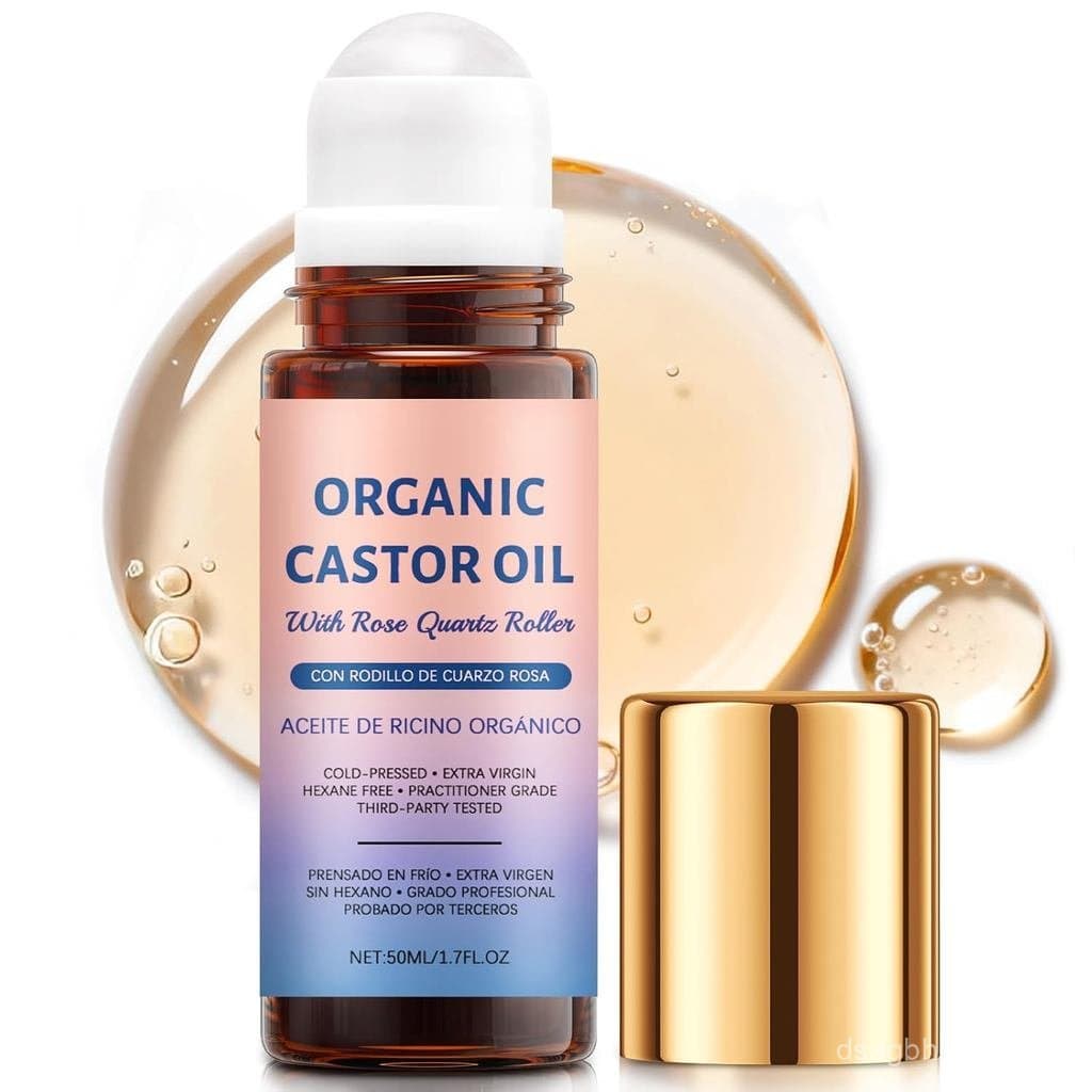Óleo de Rícino com Esfera de Quartzo Rosa: Sérum 100% Puro Prensado a Frio, Rolo Facial de Cristal Natural para Linhas F