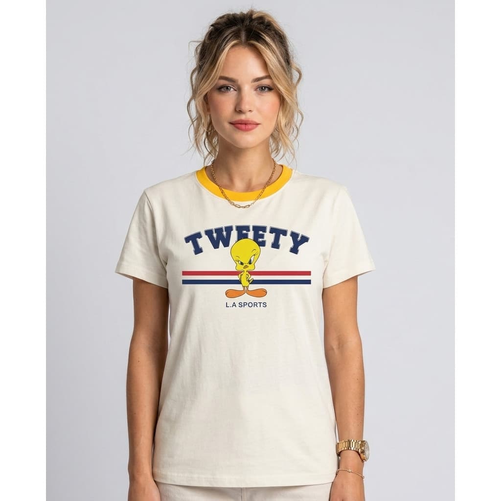 Camiseta Blusa T-Shirt Feminina PIU-PIU TWEETY Malha Penteada 30.1 Algodão Qualidade Premium Confortável para o Dia Dia