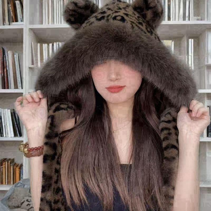 Conjunto Gorro + Cachecol Feminino Pelinho Raposa Estampa Onça Orelhinhas Inverno Falso Pelo Quentinho