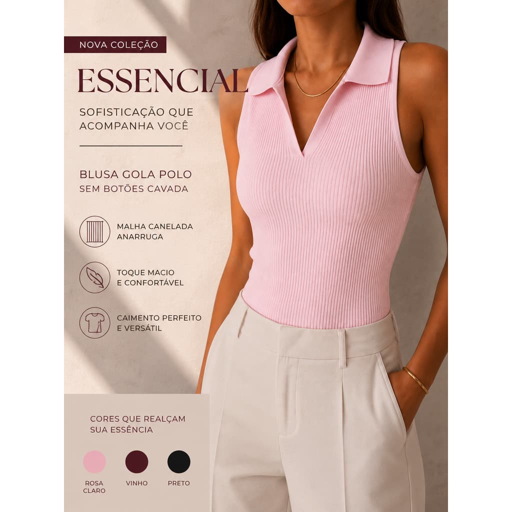Blusa Feminina Gola Polo Canelada Básica Premium Elegante
