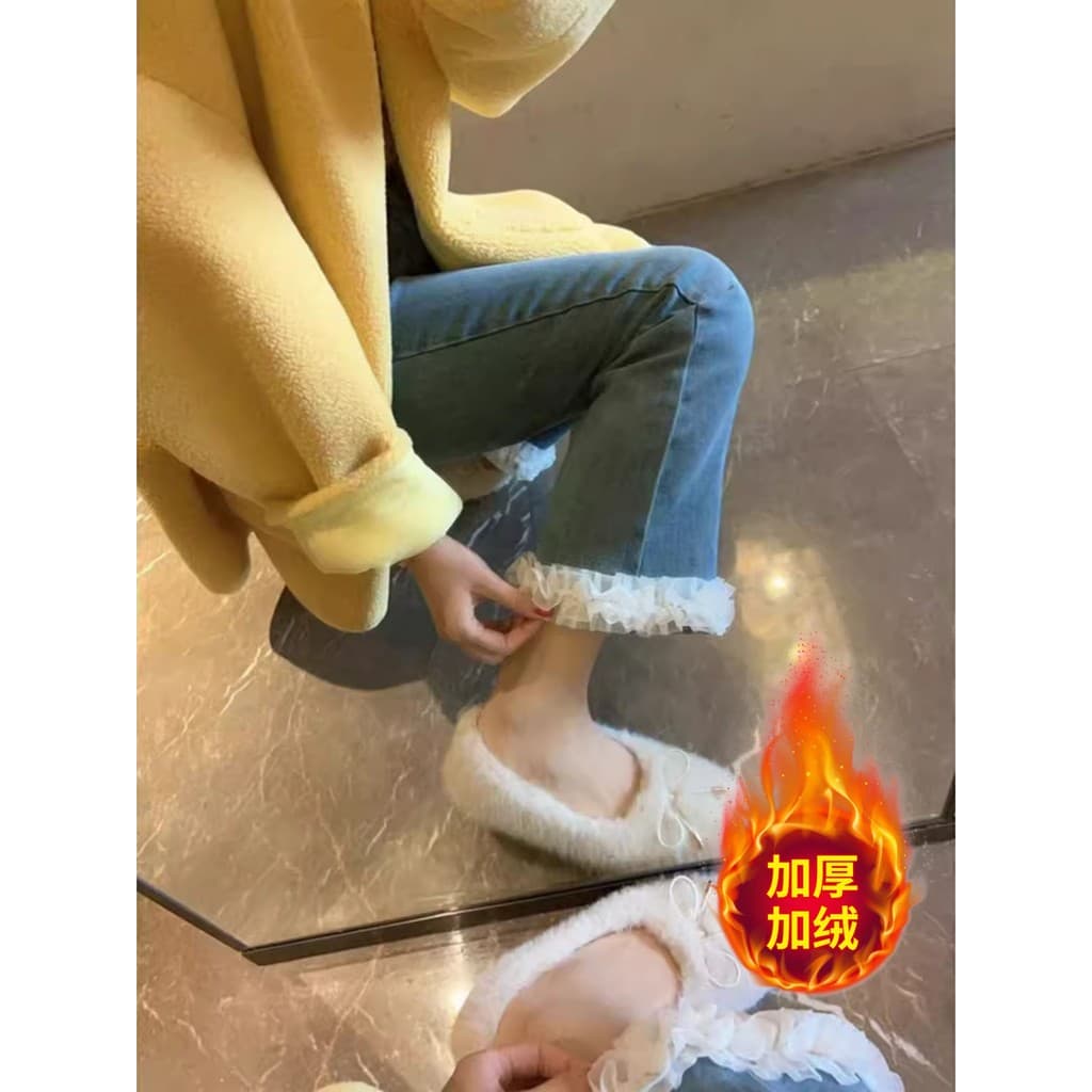 Calça Jeans feminina de lã azul, cintura alta, aparência mais fina, pequena, até o tornozelo, ponto desgastado