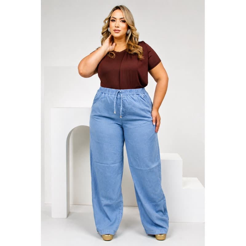 Calça Jeans Clara Wide Leg Plus Size Feminina Cintura Alta Pantalona Tecido Leve Fashion Premium Modelagem Solta