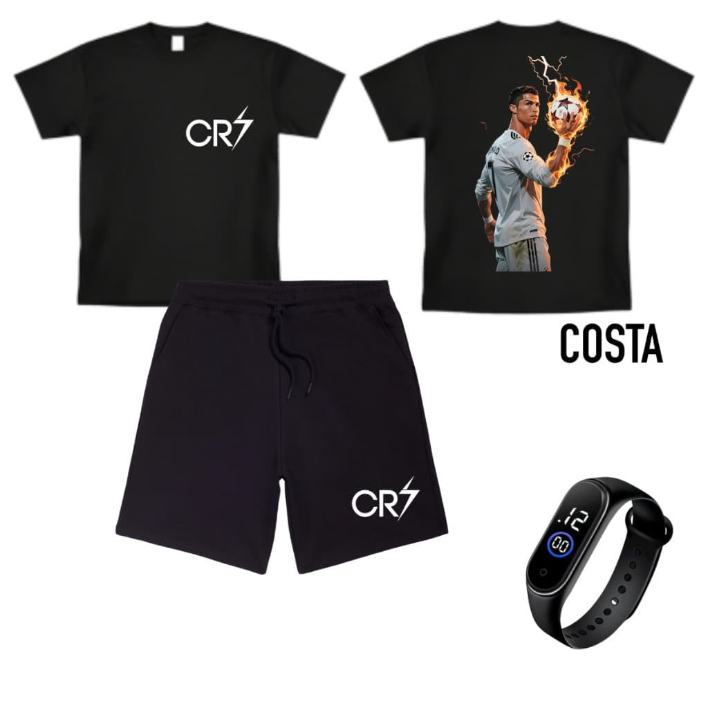 CONJUNTO INFANTIL CAMISETA E BERMUDA CR7 CRISTIANO + RELOGIO