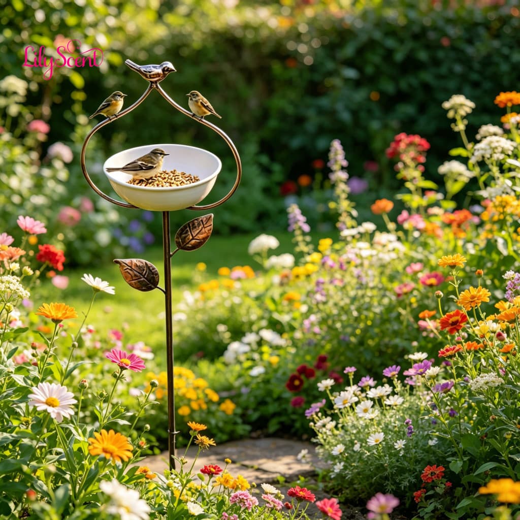 Backyard Bird Feeder Garden Stake with Rust-resistant Iron Bracket Bowl for Food Water Perfect for Courtyards Balconies