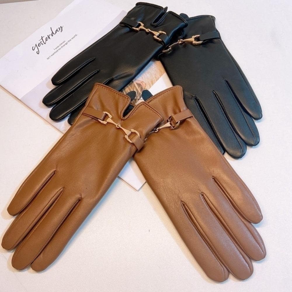 Luvas de dedo inteiro , estilo grosso para mulheres com tiras de couro, feitas de material PU, quentes, à prova de