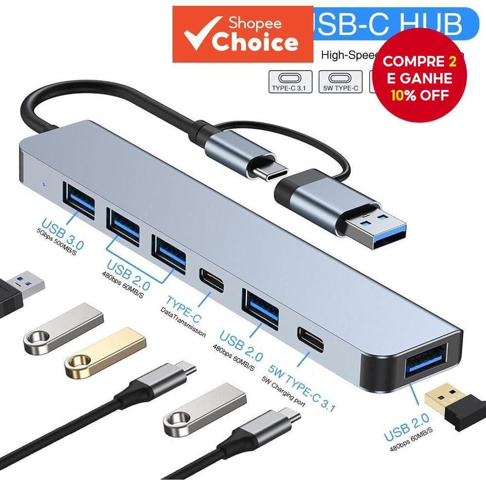 Hub USB Tipo-C de 7 em 2 com duas cabeças para Extensor de Interface Multipla OTG para Telefones Móveis, Tablets e PCs