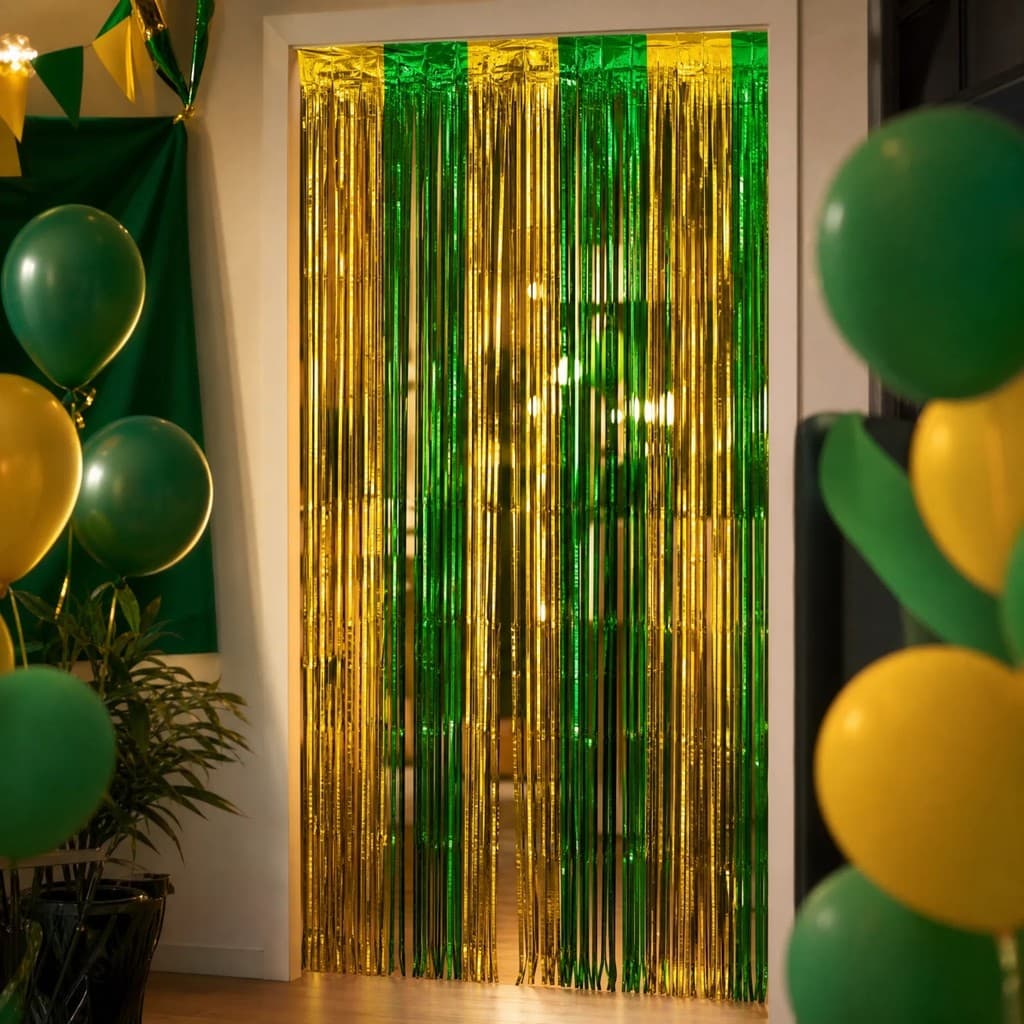 Cortina Varal Metalizado Franja Brasil Painel Decorativo Verde e Amarelo Copa Patriota Jogos Comemoração
