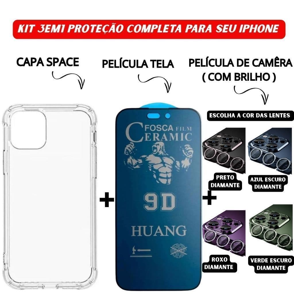 Kit 3em1 Capa Space+Película Cerâmica Fosca Privacidade+Película Câmera Diamante iPhone 11 12 13 14 15 16 Pro Max