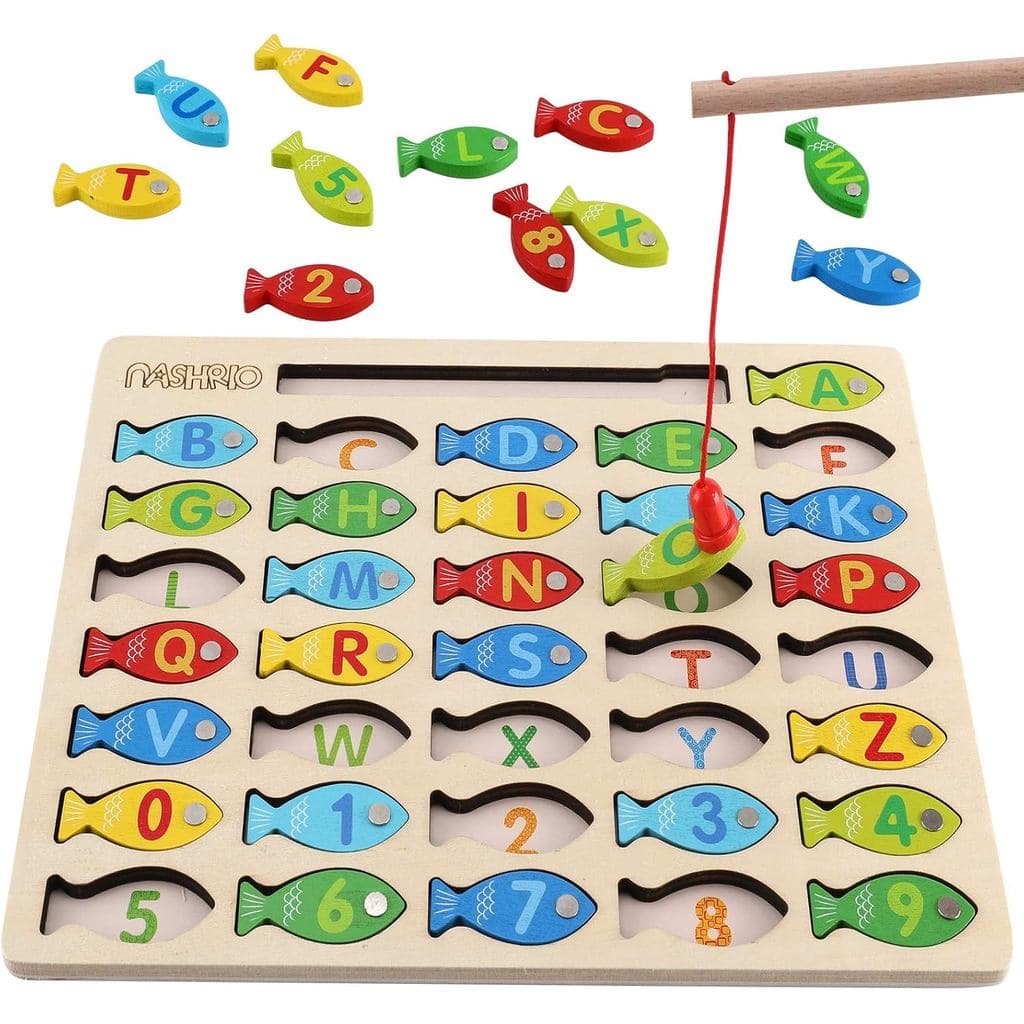 Brinquedo de Pesca Magnético de Madeira para Crianças, Jogo de Captura de Peixes com Alfabeto e Números, Quebra-Cabeça E
