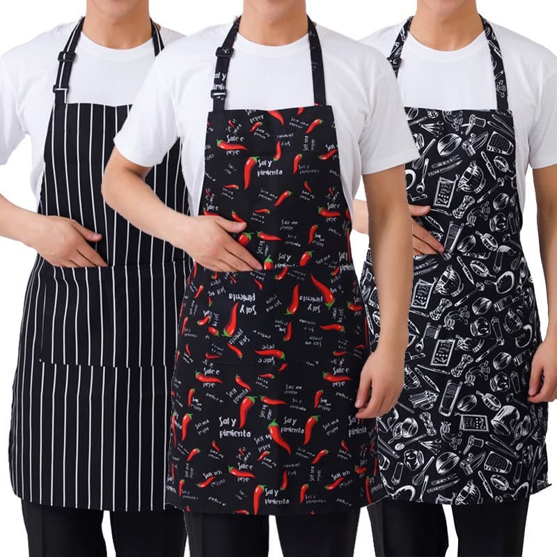 Avental de cozinha ajustável de comprimento médio para adultos com listras, avental de chef para restaurante com 2 bolso