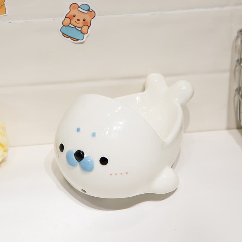 Porta-sabonete de cerâmica em formato de foca com furos de drenagem para armazenamento de sabonete no banheiro GTIP