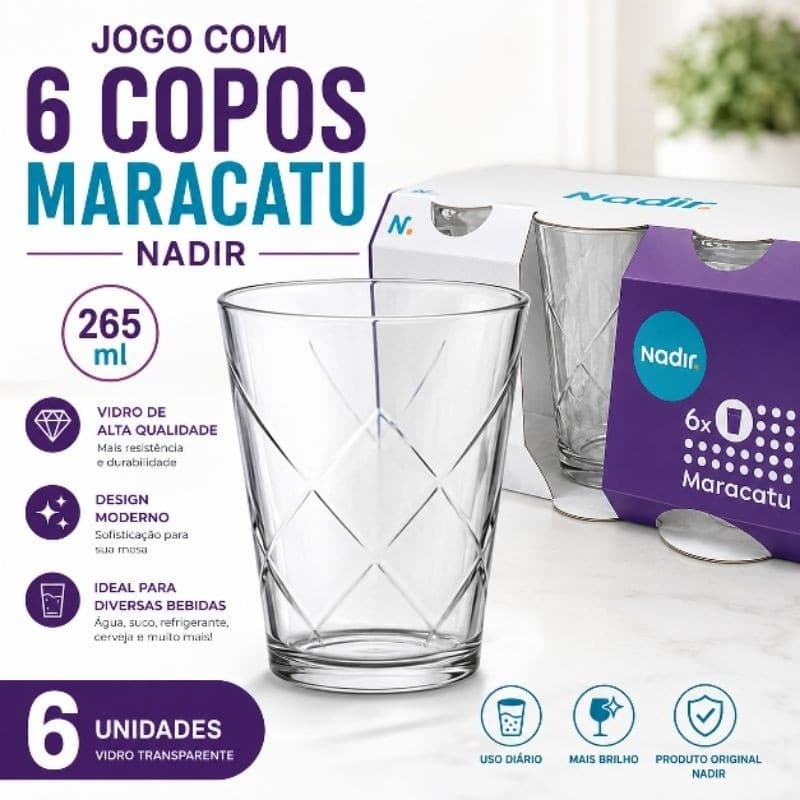 Jogo 6 Copos Nadir Maracatu 265ml Vidro Transparente Água Suco Refrigerante