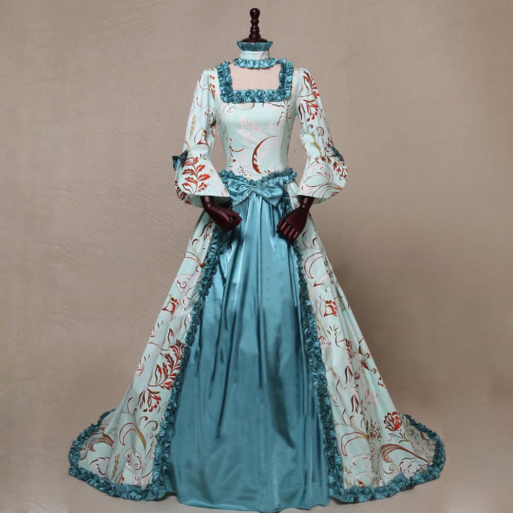 Novo europeu americano temperamento palácio Retro vestido de noite saia Medieval manga comprida impresso trompete manga