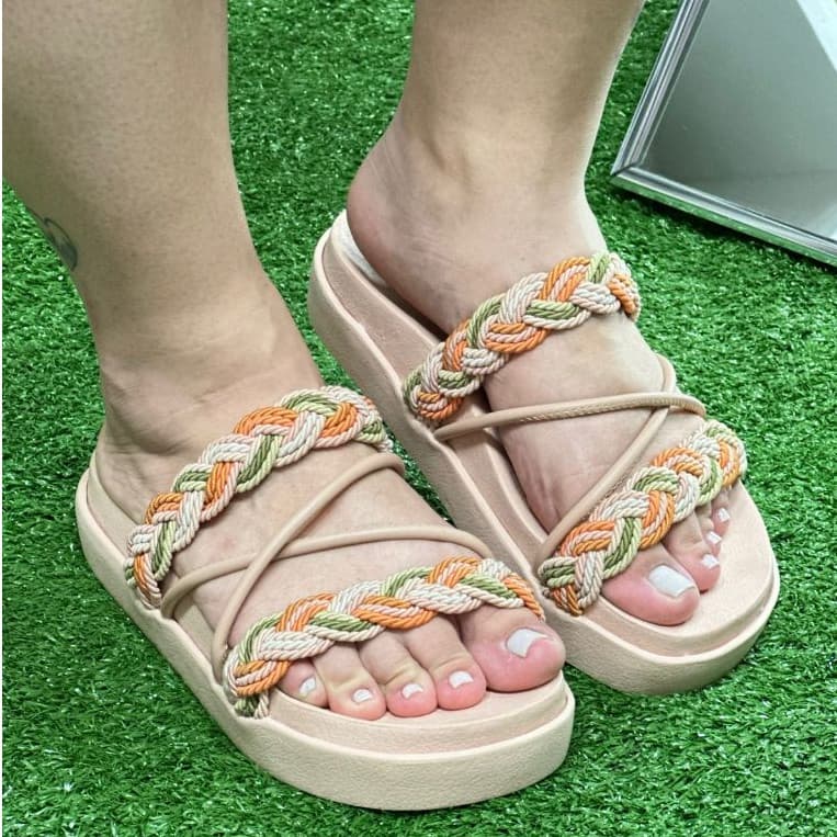 Birken Papete Rasteira Flat Feminina Modelo Verão Luxo Trança  Trançadas Nude Com Laranja