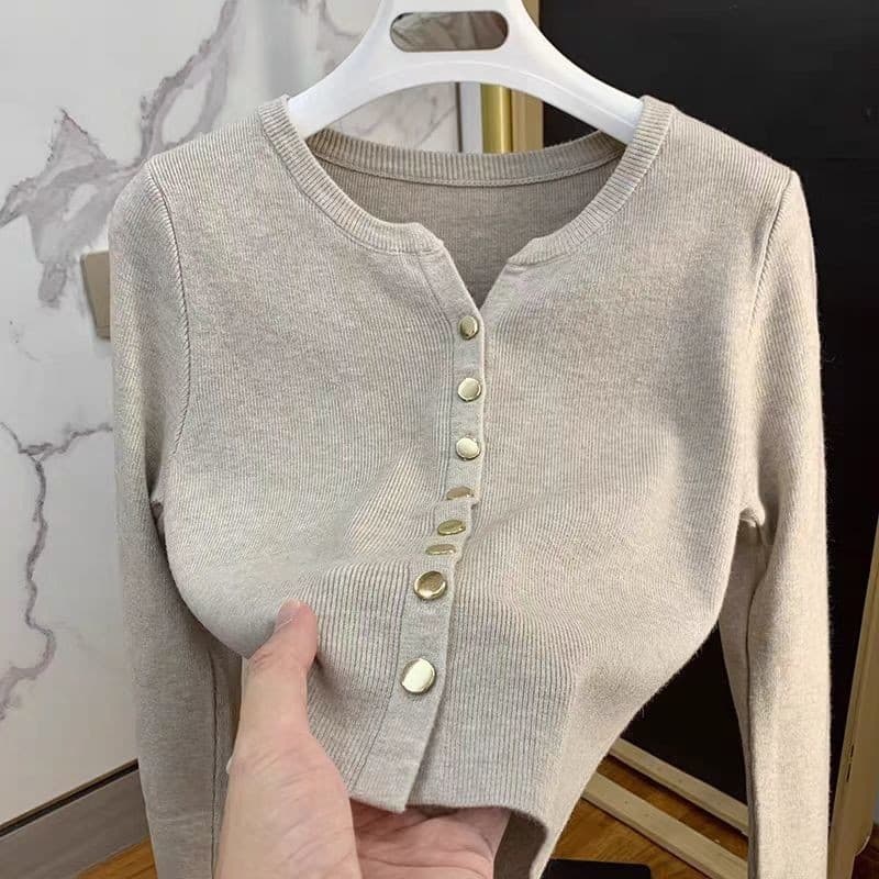 Cardigan de malha com decote em V feminino novo estilo Slim fit mais fino Look longo @-
