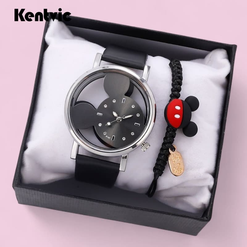 Conjunto Relógio e Pulseira Mickey Mouse 2 em 1 - Design Oco Feminino, Presente para Meninas