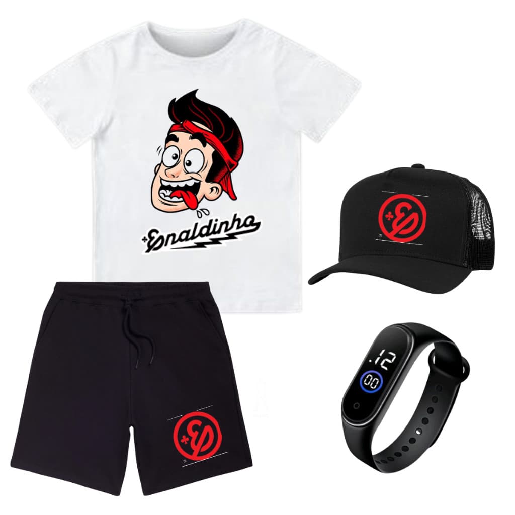 Camiseta Bermuda Infantil Enaldinho + bone + relogio kit pronta entrega 4 ao 16