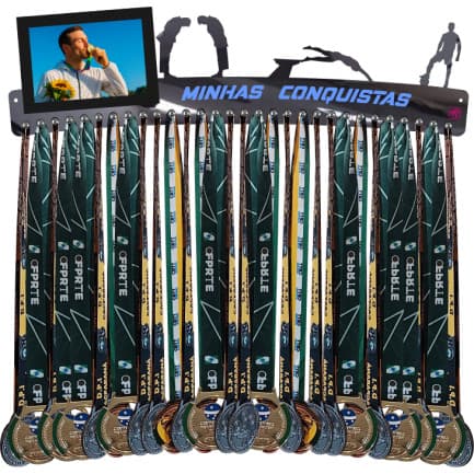 Porta de Medalhas Futebol+Judo+Natação com Porta Retrato 61cm Comprimento