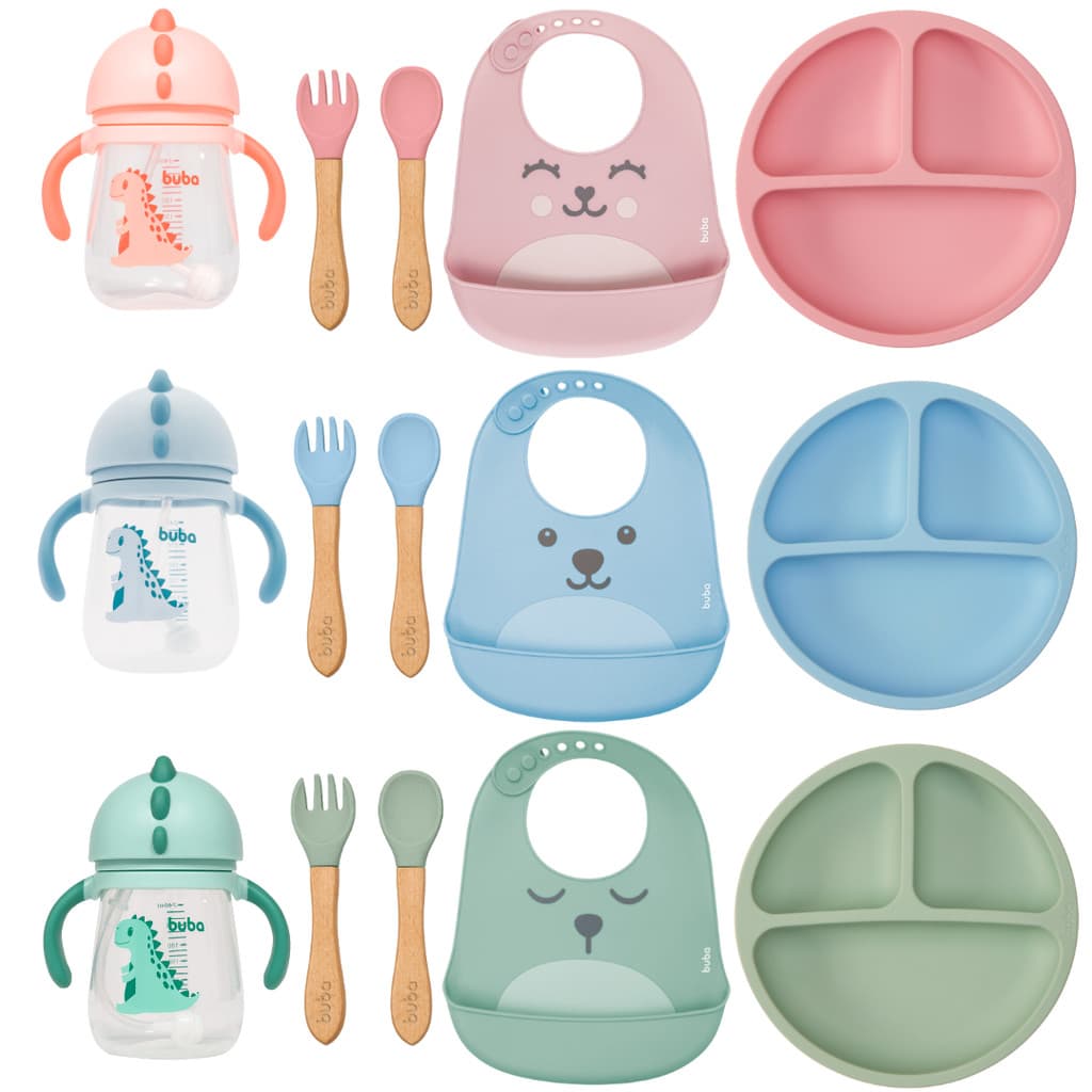 Kit Introdução Alimentar Silicone Buba 5 Peças Prato Ventosa Kit Talher Babador Copo Dino 240ml