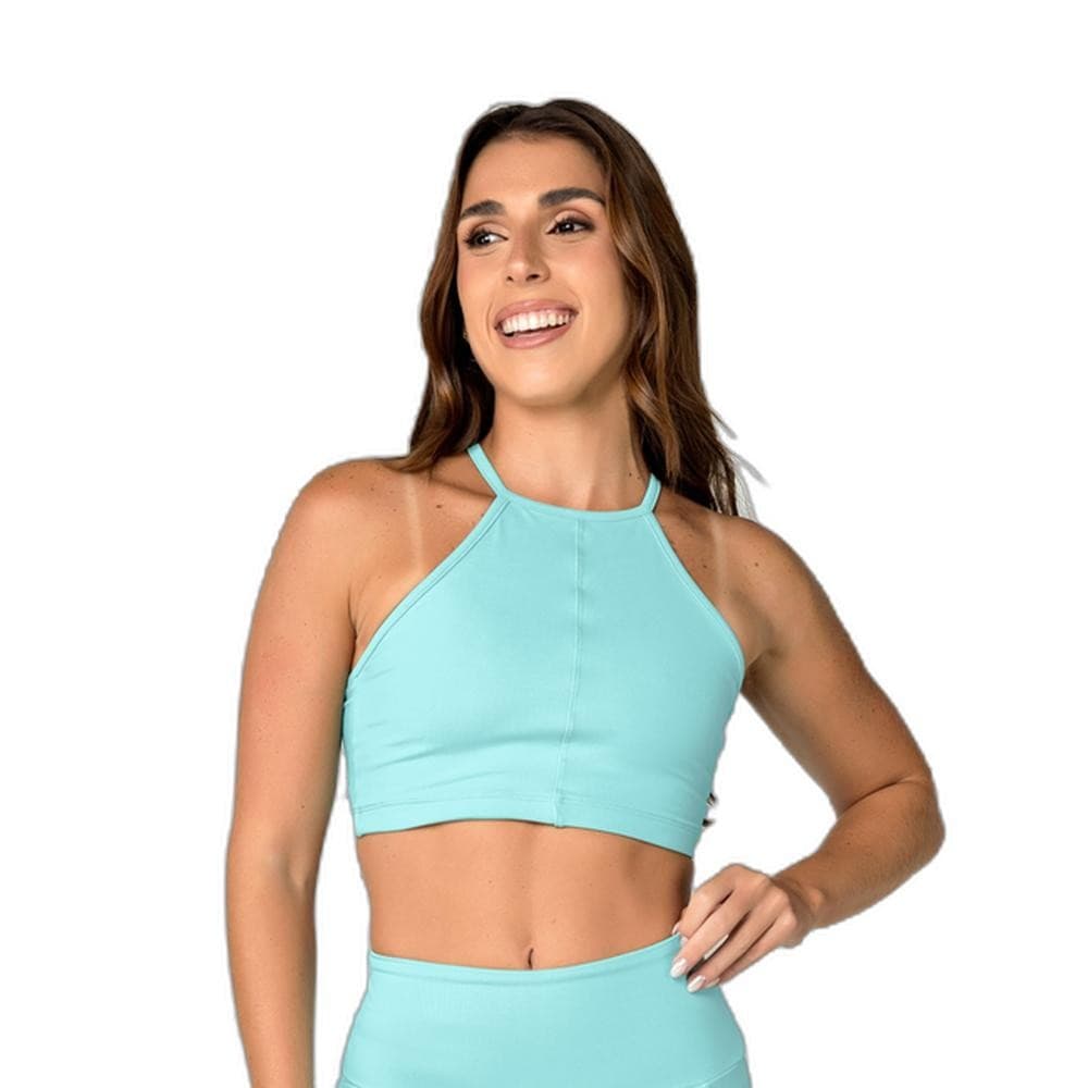 Top Sand Bertie Fitness Azul Claro Decote Alto e Profundo Compressão Média UV50+ para Musculação e Pilates