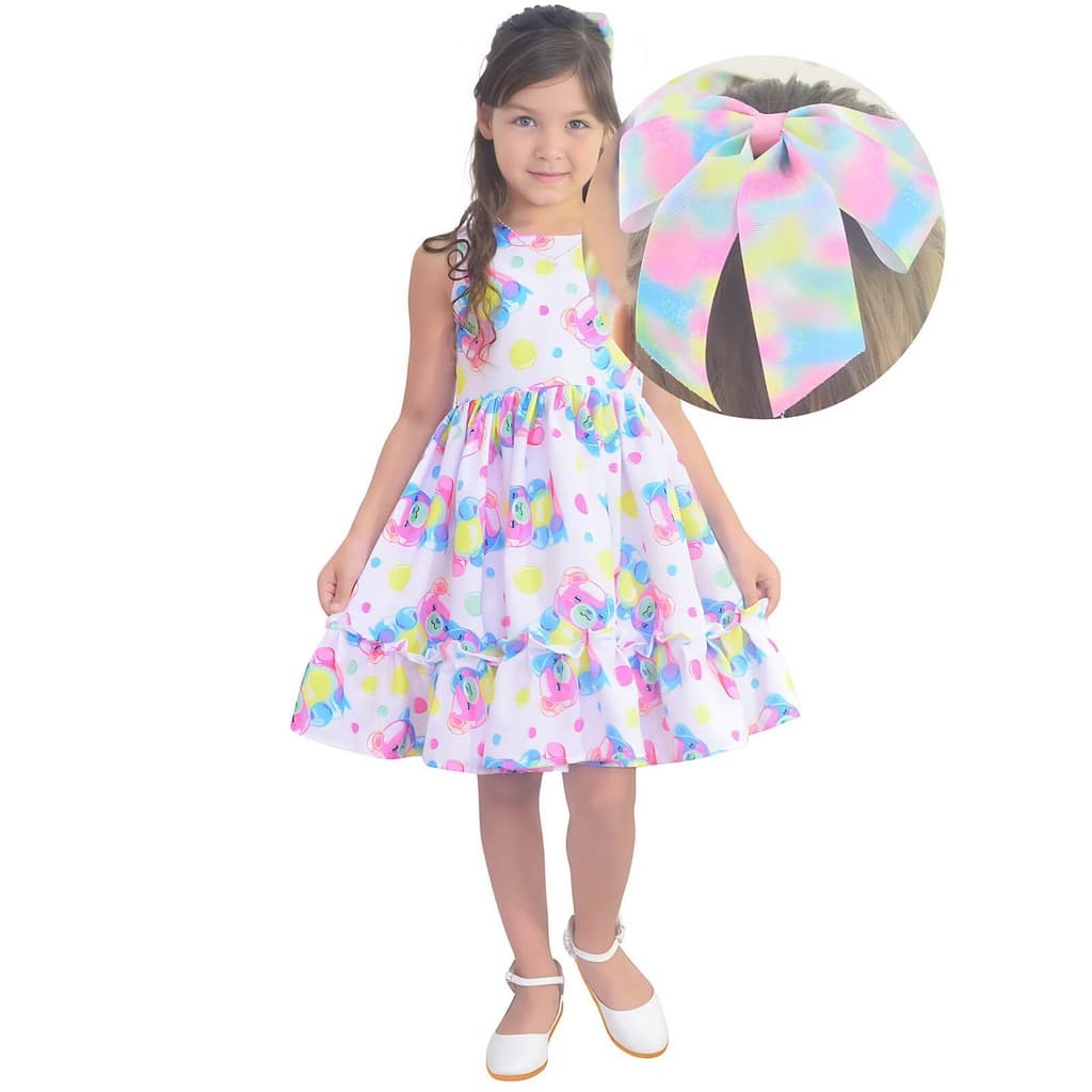 Vestido Infantil Ursinhos Coloridos Estilo Neon + Enfeite de Cabelo