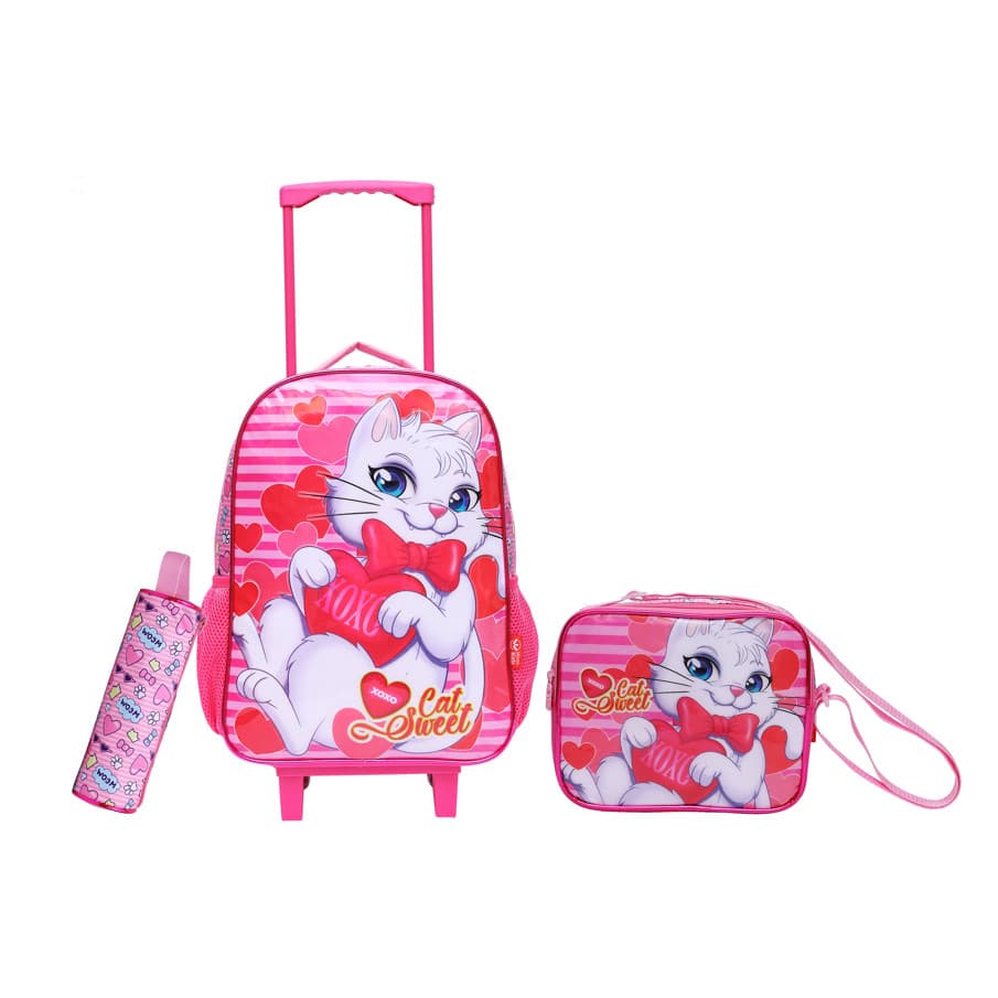 Kit Mochila Rodinha Infantil Menina Lancheira e Estojo Gatinha
