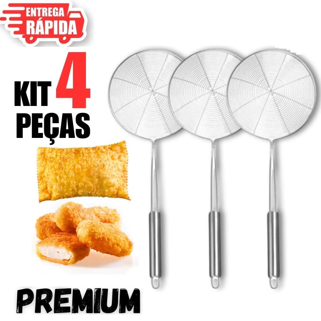 4 Peças Escumadeira de Fritura 13x34cm em Aço Inox Ideal Para Batata, Pastel, Salgado e Cozinha