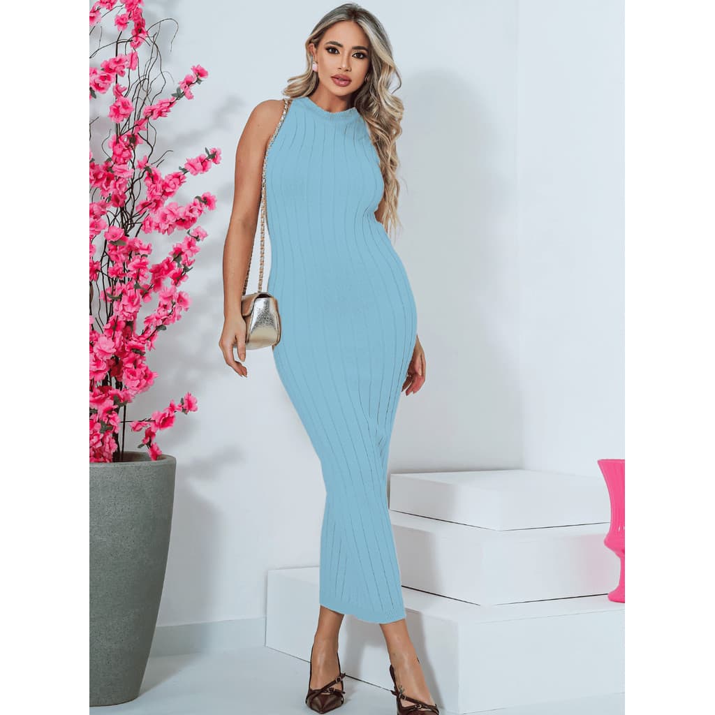 Vestido Longo Feminino Modal Canelado Elegante Roupa Feminina Sem Manga Casual Festa Verão Estiloso.