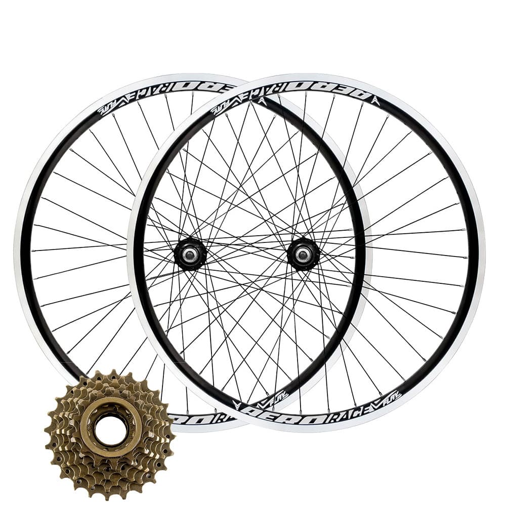 Conjunto Par de Rodas Aro 26 Flay Aero e Catraca 6, 7 ou 8 Serve Freio a Disco ou V-Brake