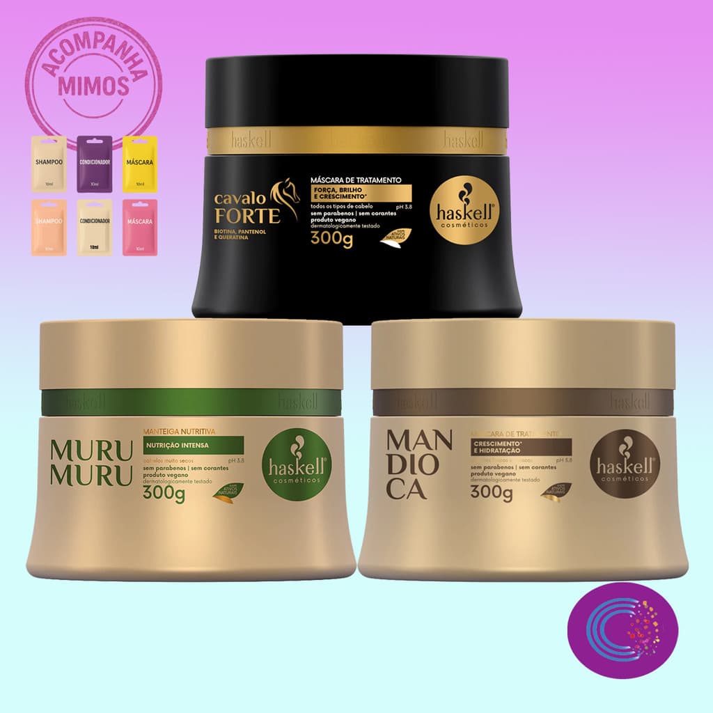 Kit Cronograma 3 Mascaras Haskell - Cavalo Forte - Mandioca - Murumuru 300G