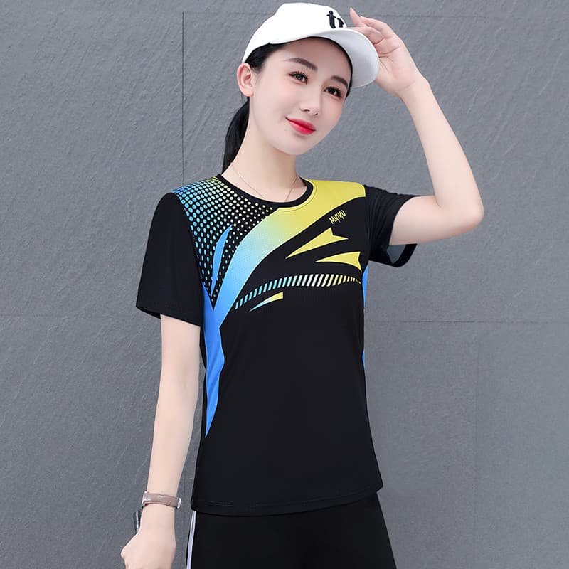 Camiseta de secagem rápida feminina de manga curta verão novo estilo seda gelo respirável esportes topo solto em torno d