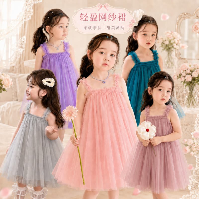Crianças roupas infantis meninas roupas vestido 2026 verão novo estilo cor sólida estilingue gaze saia bebê menina crian