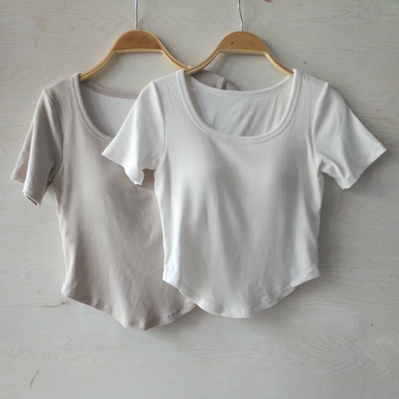 Produtos de cauda AA11 com almofada no peito, manga curta, Top elástico, Slim Fit, copo rosqueado, peça única, sem sutiã