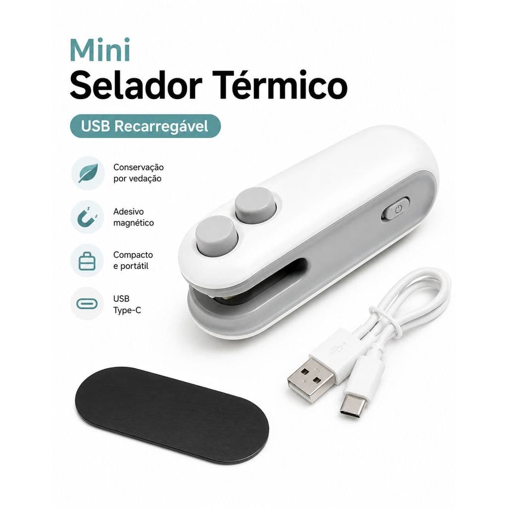 Mini Selador Térmico USB Recarregável Portátil para Fechar Embalagens e Conservar Alimentos