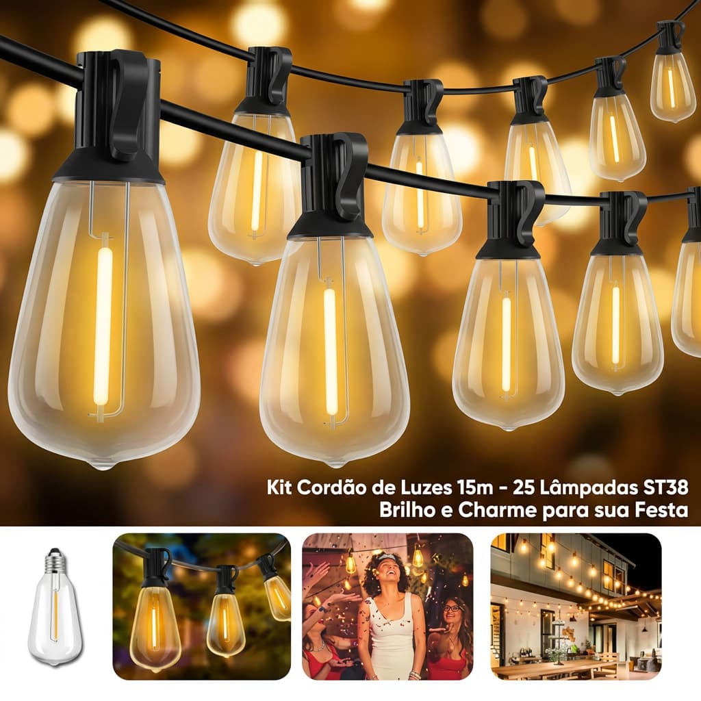 Varal De Luzes Festão 15m 25 Lâmpadas St38 Inclusas Decorar-Economia de Energia e Instalação Fácil