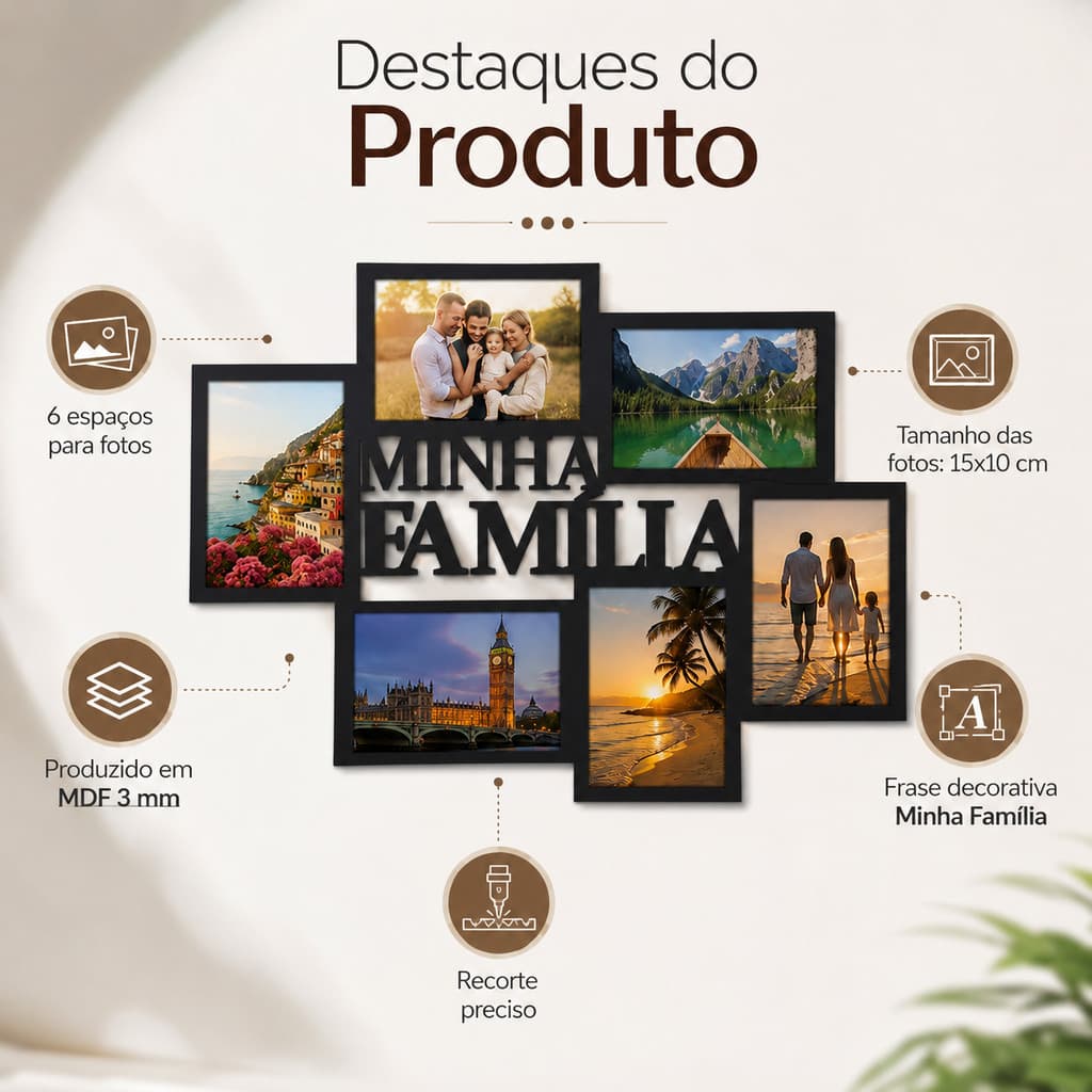 Porta Retrato Família MDF Parede 6 Fotos 15x10 Decorativo Sala Quarto
