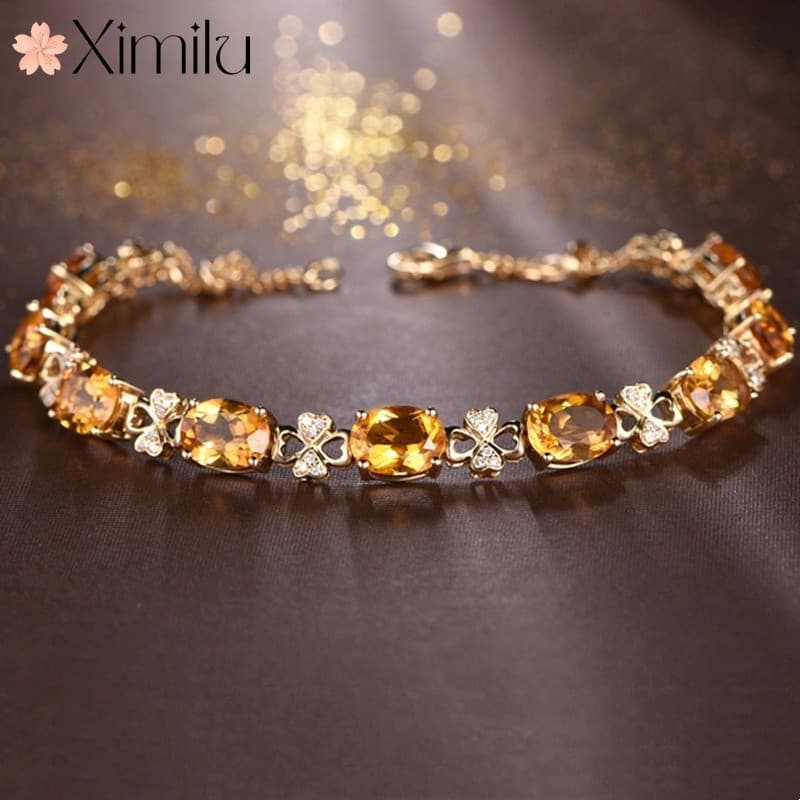 ⭐ Original venda quente trevo de quatro folhas temperamento fresco citrino amarelo diamante pulseira feminina amarelo tu