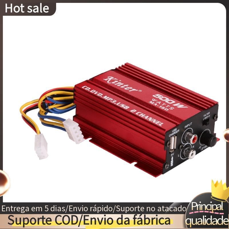 Amplificador De Áudio Para Carro , Cabo 12V , 2 Canais , Mini Estéreo , Subwoofer , Porta USB , Mp3 ,