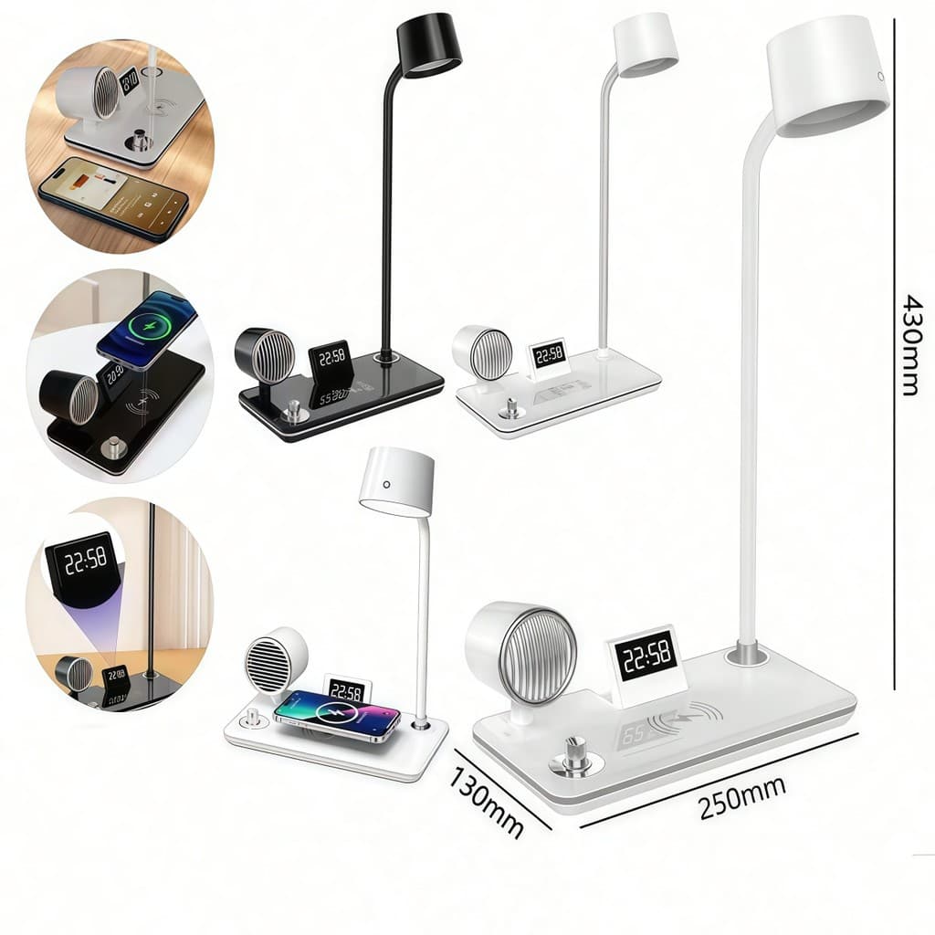 Luminária De Mesa Carregador Por Indução 15W Caixa De Som Bluetooth Relógio Digital P.HQ