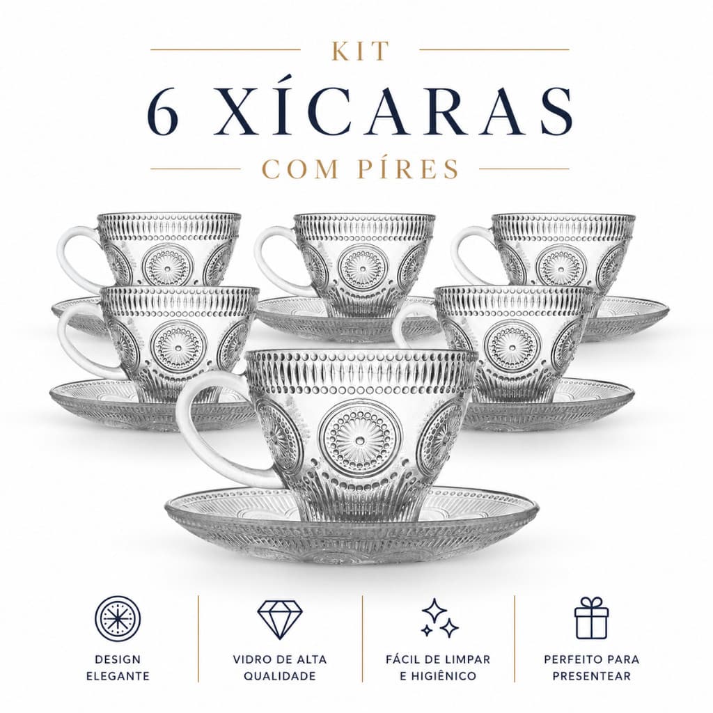 Jogo de Xícara com Pires 12 Peças Cafe e Cha Transparente Vidro 220ml Decorada Luxo