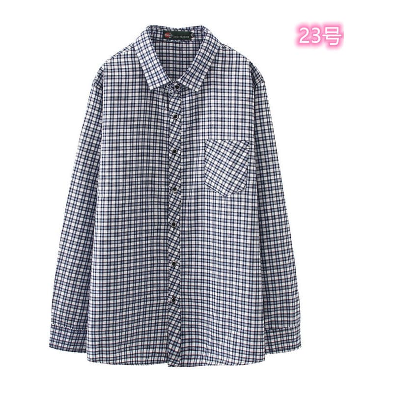 Primavera meia-idade xadrez camisa de algodão Casual manga comprida solta pescoço quadrado camisa pai usar negócios fino