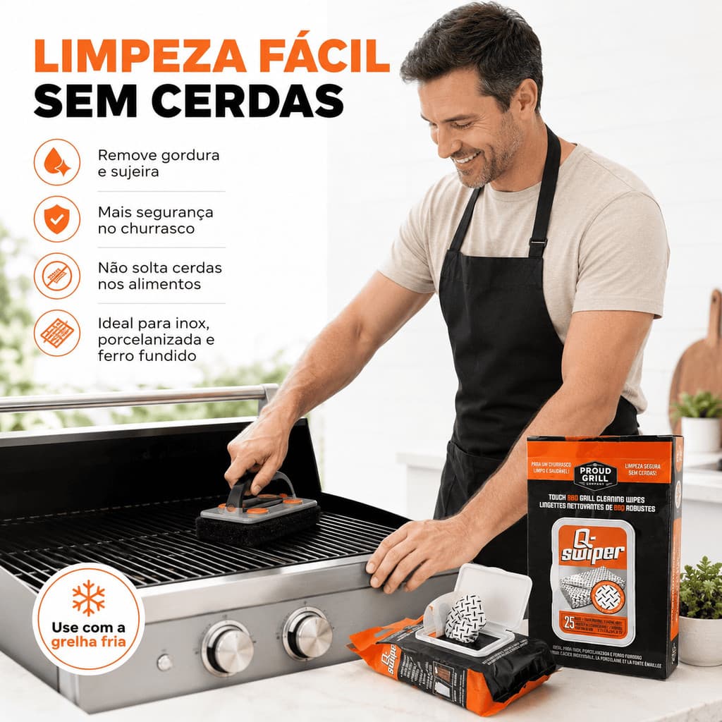 Kit Limpador de Grelha Swiper com Raspador Inox + 25 Lenços